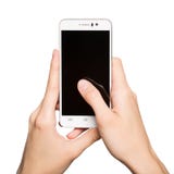 Femme tenant le smartphone dans des ses mains Affichage émouvant de doigt Image stock Femme tenant le smartphone dans des ses mains Affichage émouvant de doigt Image stock