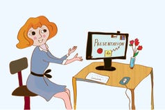 Femme à l'ordinateur faisant la présentation illustration stock Femme à l'ordinateur faisant la présentation illustration stock