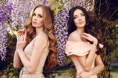 Femmes dans des robes élégantes, posant dans le jardin de ressort de fleur Photo stock Femmes dans des robes élégantes, posant dans le jardin de ressort de fleur Photo stock