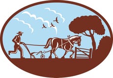 Fermier et cheval labourant la zone illustration de vecteur Fermier et cheval labourant la zone illustration de vecteur
