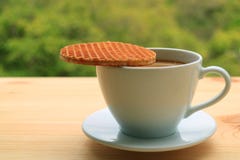 Fermé vers le haut de Stroopwafel a placé sur la tasse de café chaud servie sur la table en bois, feuillage vert brouillé à l'arr photographie stock libre de droits Fermé vers le haut de Stroopwafel a placé sur la tasse de café chaud servie sur la table en bois, feuillage vert brouillé à l'arr photographie stock libre de droits