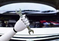 Ferramenta automática da captura da mão do carro do reparo do braço do robô da tecnologia imagens de stock royalty free Ferramenta automática da captura da mão do carro do reparo do braço do robô da tecnologia imagens de stock royalty free