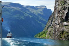 Ferry On Blue Water Of Norwegian Fjord. Royalty Free Stock Photography