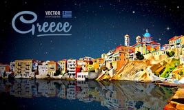 Feste della Grecia - chiaro mare e la riflessione isole Città di panorama paesaggio Cielo stellato notte Vettore illustrazione vettoriale Feste della Grecia - chiaro mare e la riflessione isole Città di panorama paesaggio Cielo stellato notte Vettore illustrazione vettoriale