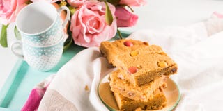 Festive breakfast peanut butter bownies on pastel. Banner stock photography Festive breakfast peanut butter bownies on pastel. Banner stock photography