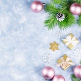 Festive Christmas background with fir branches, Christmas symbols, presents, colorful decorations, copy space royalty free stock photo Festive Christmas background with fir branches, Christmas symbols, presents, colorful decorations, copy space royalty free stock photo