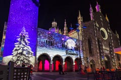 Festive Christmas decorations on facades of buildings in Como, I royalty free stock photos Festive Christmas decorations on facades of buildings in Como, I royalty free stock photos