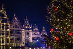 Festive lights and christmas tree on the main square of Antwerpen