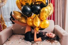 Festive occasion happy brunette girl balloons stock photos Festive occasion happy brunette girl balloons stock photos
