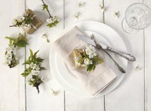Festive spring table setting with pear blossom flowers royalty free stock image Festive spring table setting with pear blossom flowers royalty free stock image