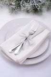 Festive table set for Christmas celebration silver style stock photo Festive table set for Christmas celebration silver style stock photo