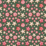 Festlig jul och nya år bakgrund Sömlös modell med pepparkakaprydnader i scandinavian stil royaltyfri illustrationer Festlig jul och nya år bakgrund Sömlös modell med pepparkakaprydnader i scandinavian stil royaltyfri illustrationer