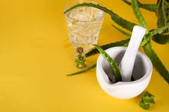 Feuille de Vera d'aloès, mortier blanc complètement d'aloès coupé et bouteilles de gel ou d'infusion d'aloès Images stock Feuille de Vera d'aloès, mortier blanc complètement d'aloès coupé et bouteilles de gel ou d'infusion d'aloès Images stock