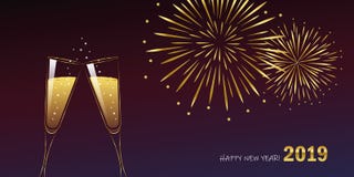 Feux d'artifice de nouvelle année et verres d'or de champagne illustration stock Feux d'artifice de nouvelle année et verres d'or de champagne illustration stock