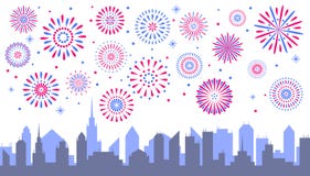 Feux d'artifice de ville de nuit Pétard de fête célébré au-dessus de la ville s illustration libre de droits Feux d'artifice de ville de nuit Pétard de fête célébré au-dessus de la ville s illustration libre de droits