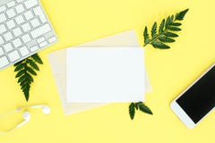 Fflatley auf gelbem Hintergrund mit Tastatur, Smartphone, Kopfhörern und Farnblättern, lizenzfreie stockfotos Fflatley auf gelbem Hintergrund mit Tastatur, Smartphone, Kopfhörern und Farnblättern, lizenzfreie stockfotos