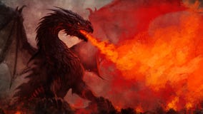 Fierce winged black dragon fantasy illustration