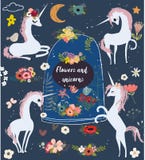 Fije con unicornios y flores de la historieta ilustración del vector Fije con unicornios y flores de la historieta ilustración del vector