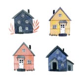 Fije de casas de madera lindas multicoloras stock de ilustración Fije de casas de madera lindas multicoloras stock de ilustración