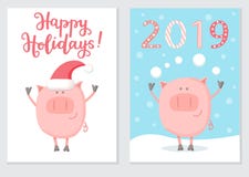 Fije de diseño de tarjeta con un carácter lindo del cerdo aislado en blanco en un sombrero de Papá Noel libre illustration Fije de diseño de tarjeta con un carácter lindo del cerdo aislado en blanco en un sombrero de Papá Noel libre illustration