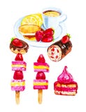 Fije de la torta de Bush, bu?uelo y rollo dulce con las fresas, los canapes de molletes y de fresas, t? con el lim?n y las crepes stock de ilustración Fije de la torta de Bush, bu?uelo y rollo dulce con las fresas, los canapes de molletes y de fresas, t? con el lim?n y las crepes stock de ilustración