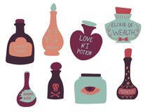 Fije de las botellas de la historieta y de las pociones de amor mágicas coloridas Ilustración del vector Colección exhausta de la ilustración del vector Fije de las botellas de la historieta y de las pociones de amor mágicas coloridas Ilustración del vector Colección exhausta de la ilustración del vector