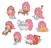 Fije de pequeña sirena rosado-cabelluda linda, haciendo cosas diarias ilustración del vector Fije de pequeña sirena rosado-cabelluda linda, haciendo cosas diarias ilustración del vector