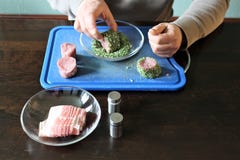 Filet with herbs in bacon coat - SERIES - Image 3 of 8 Stock Photos Filet with herbs in bacon coat - SERIES - Image 3 of 8 Stock Photos