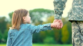 Filha que guarda a mão de seu pai militar vídeos de arquivo Filha que guarda a mão de seu pai militar vídeos de arquivo