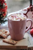 Filiżanka kawy z marshmallow na ciastkach na książce i wierzchołku obraz stock Filiżanka kawy z marshmallow na ciastkach na książce i wierzchołku obraz stock