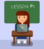 Fille apprenant dans la salle de classe utilisant l'ordinateur portable sur la leçon illustration stock Fille apprenant dans la salle de classe utilisant l'ordinateur portable sur la leçon illustration stock