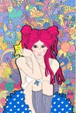 fille avec l'imagination rose de cheveux au sujet des monstres mignons illustration de vecteur fille avec l'imagination rose de cheveux au sujet des monstres mignons illustration de vecteur