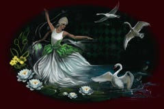Fille dans la robe blanche se reposant près du lac avec des cygnes illustration libre de droits Fille dans la robe blanche se reposant près du lac avec des cygnes illustration libre de droits