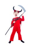 Fille dans le costume de Halloween de diable se tenant au-dessus du blanc photographie stock Fille dans le costume de Halloween de diable se tenant au-dessus du blanc photographie stock