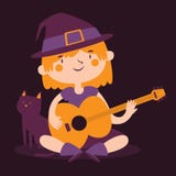 Fille de sorcière jouant la guitare à côté de son chat illustration stock Fille de sorcière jouant la guitare à côté de son chat illustration stock