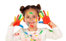 Fille drôle avec les mains et le visage complètement de la peinture Photographie stock Fille drôle avec les mains et le visage complètement de la peinture Photographie stock