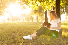 Fille lisant un livre se reposant en parc près d'un arbre au coucher du soleil image libre de droits Fille lisant un livre se reposant en parc près d'un arbre au coucher du soleil image libre de droits