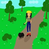 fille marchant avec un petit chien noir - illustration de vecteur, ENV illustration stock fille marchant avec un petit chien noir - illustration de vecteur, ENV illustration stock