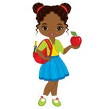 Fille mignonne d'Afro-américain de vecteur petite avec le sac d'école et le rouge Apple illustration libre de droits Fille mignonne d'Afro-américain de vecteur petite avec le sac d'école et le rouge Apple illustration libre de droits