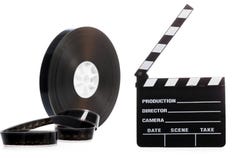 Film reel and cinema clap Royalty Free Stock Photography Film reel and cinema clap Royalty Free Stock Photography