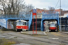 Final stop of tram number 23 in Prague. Královka. stock photo Final stop of tram number 23 in Prague. Královka. stock photo