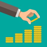 Finansiellt tillväxtbegrepp med buntar av guld- mynt Plan design vektor illustrationer Finansiellt tillväxtbegrepp med buntar av guld- mynt Plan design vektor illustrationer