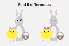 Find 5 differences, easter game for children, chick and bunny in cartoon style, education game for kids, preschool worksheet stock illustration Find 5 differences, easter game for children, chick and bunny in cartoon style, education game for kids, preschool worksheet stock illustration