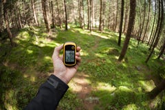 Finding The Right Position In The Forest Via Gps Royalty Free Stock Photo