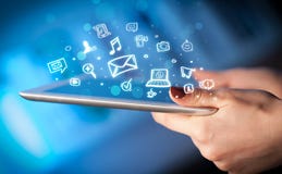 Finger pointing on tablet pc, social media concept royalty free stock photos Finger pointing on tablet pc, social media concept royalty free stock photos