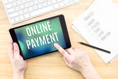 Finger touch screen with Online payment word with keyboard and n royalty free stock photos Finger touch screen with Online payment word with keyboard and n royalty free stock photos