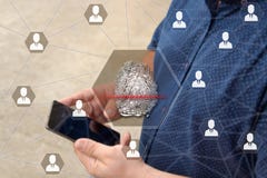 Fingerprint scanning on the touch screen with a blur background of the businessman with the phone.The concept of Secure access thr royalty free stock images Fingerprint scanning on the touch screen with a blur background of the businessman with the phone.The concept of Secure access thr royalty free stock images