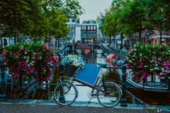 Fiori e bici vibranti della bicicletta su un ponte di Amsterdam al prima serata Penombra sui canali famosi del patrimonio mondial fotografia stock Fiori e bici vibranti della bicicletta su un ponte di Amsterdam al prima serata Penombra sui canali famosi del patrimonio mondial fotografia stock