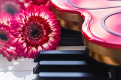 Fiori e scatola rossi di cioccolato su una tastiera di piano fotografie stock Fiori e scatola rossi di cioccolato su una tastiera di piano fotografie stock