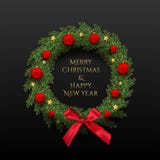 Fir wreath with golden stars, red Christmas balls and bow and Merry Christmas and Happy New Year golden text isolated on. Black background. Vector winter vector illustration Fir wreath with golden stars, red Christmas balls and bow and Merry Christmas and Happy New Year golden text isolated on. Black background. Vector winter vector illustration